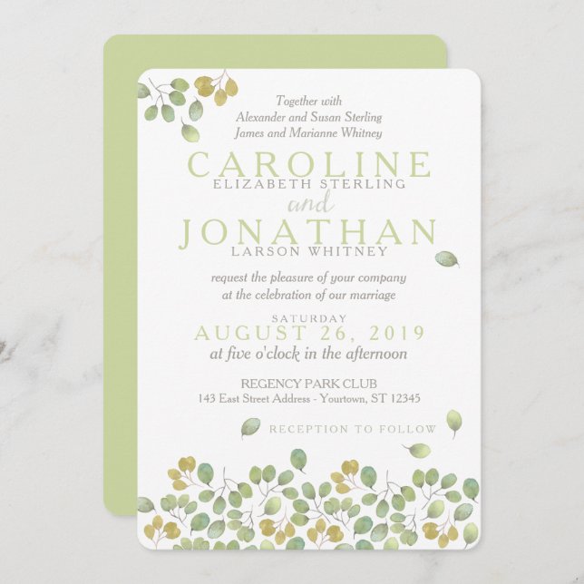 Green Leaf Simplicity 5x7 Wedding Invitation Card (Front/Back)