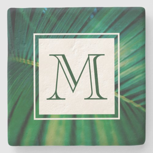 Green Leaf Tropical Forest Nature Photo Monogram Stone Coaster