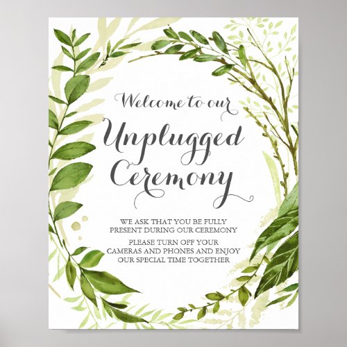 Green Leaf Unplugged Ceremony Sign Rustic Greenery