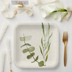 Green Leaf Watercolor Paper Plate 