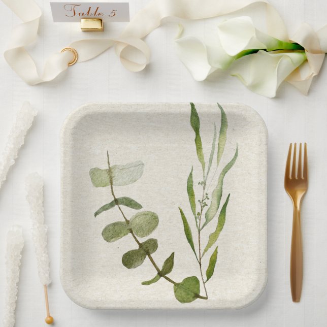 Green Leaf Watercolor Paper Plate  (Wedding)