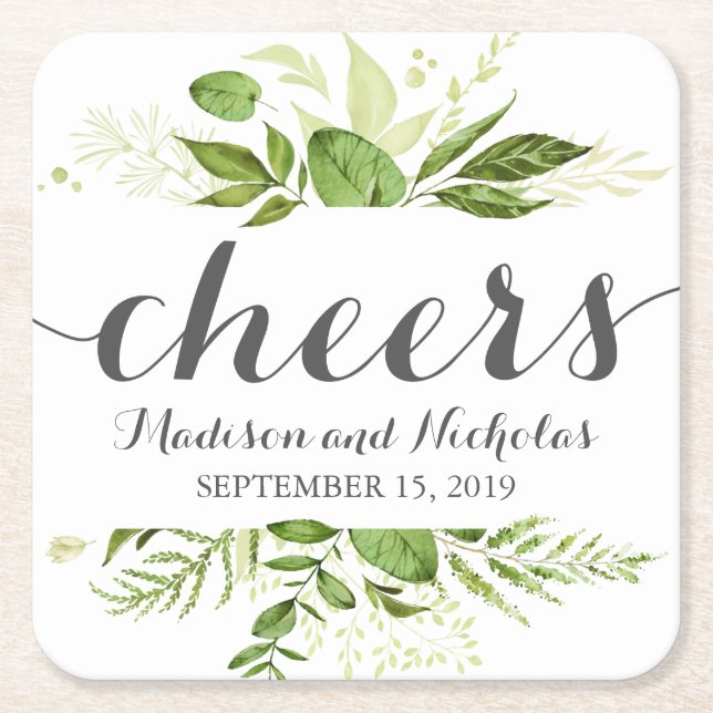 Green Leaf Wedding Paper Coasters, Rustic Greenery Square Paper Coaster (Front)