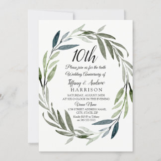 Green Leaf Wreath 10th Wedding Anniversary Invite