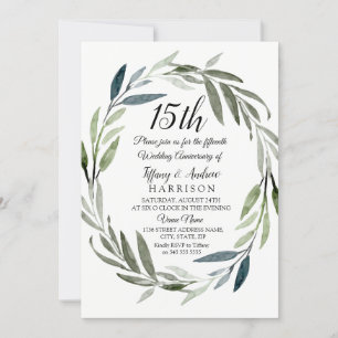 Green Leaf Wreath 15th Wedding Anniversary Invite