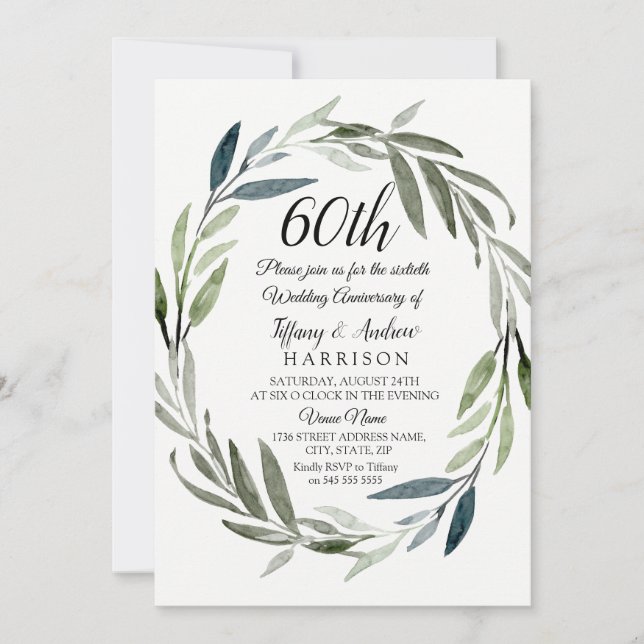 Green Leaf Wreath 60th Wedding Anniversary Invite (Front)