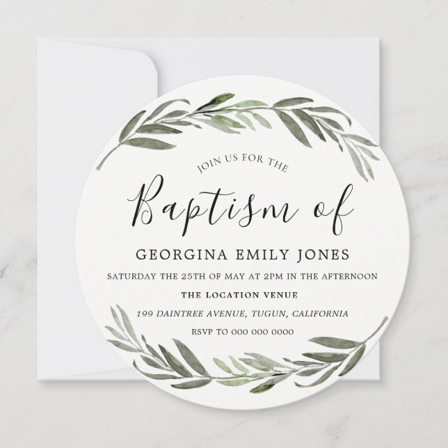 Green Leaf Wreath Boy Girl Baptism christening Invitation (Front)