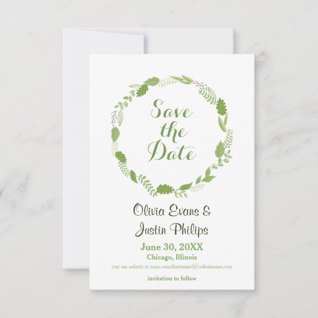 Green Leaf Wreath Chevron - 3x5 Save the Date (Front)