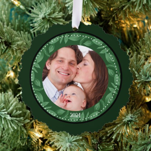GREEN Leaf Wreath Family Photo Custom Ornament Card