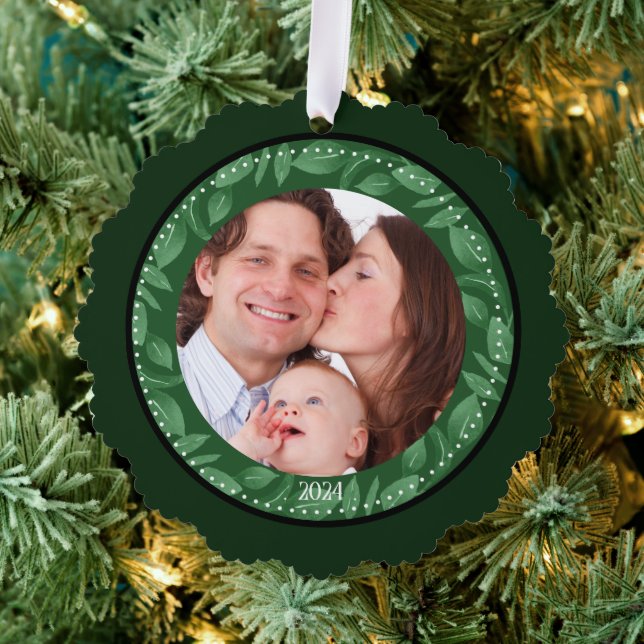 GREEN Leaf Wreath Family Photo Custom Ornament Card (Insitu (Tree))