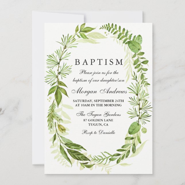 Green Leaf Wreath Girl or Boy Baptism Invitation (Front)