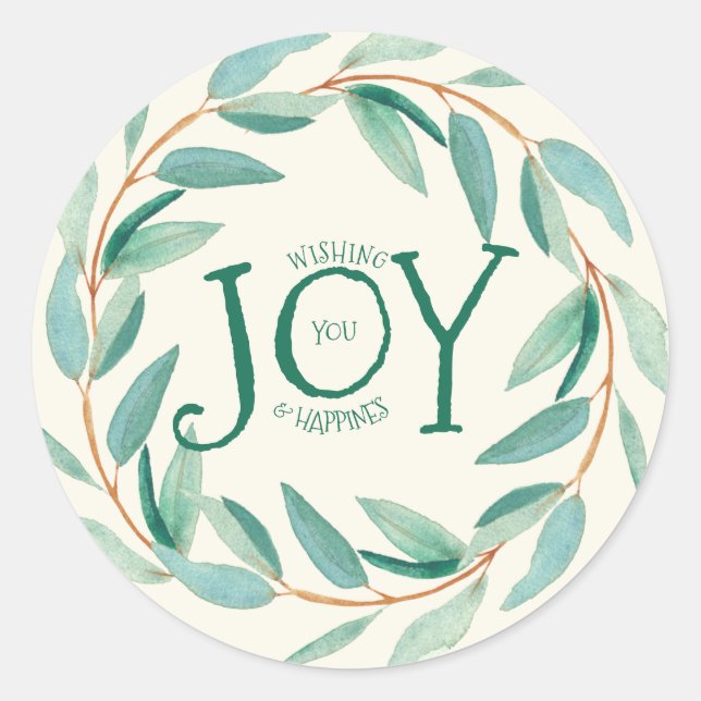 Green leafs Christmas Wreath Joy Text Template Classic Round Sticker (Front)