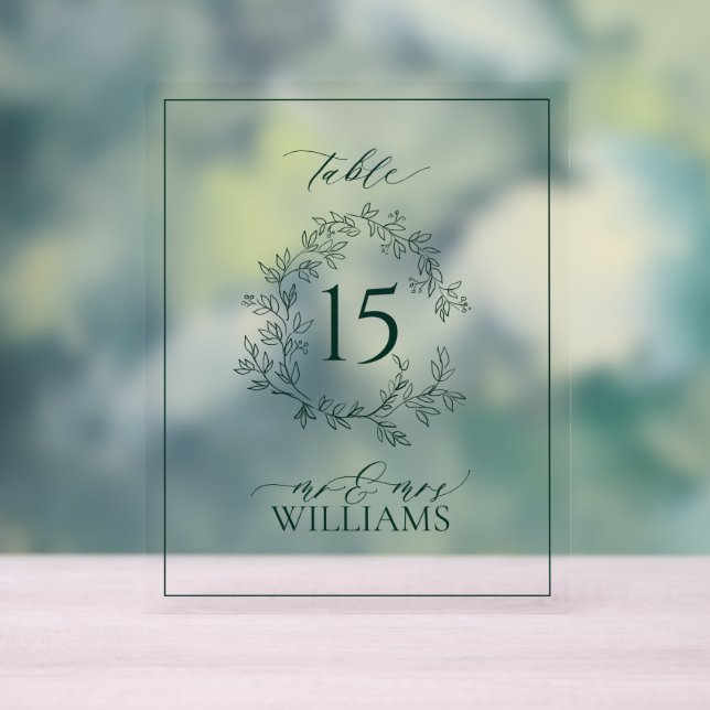 Green Leafy Crest Monogram Wedding Table Number Acrylic Sign (Neutral)