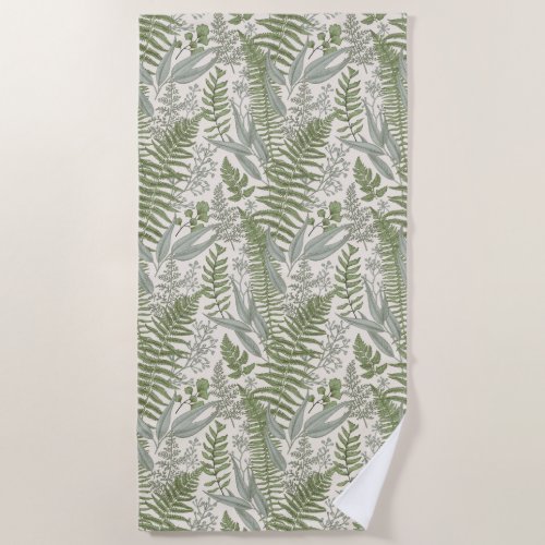 Green Leafy Garden Floral Pattern Beach Towel