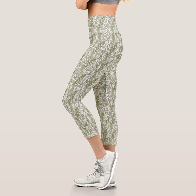 Green Leafy Garden Floral Pattern Capri Leggings (Left)