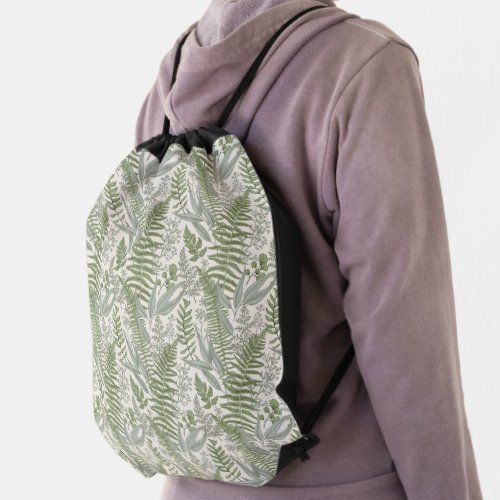 Green Leafy Garden Floral Pattern Drawstring Bag