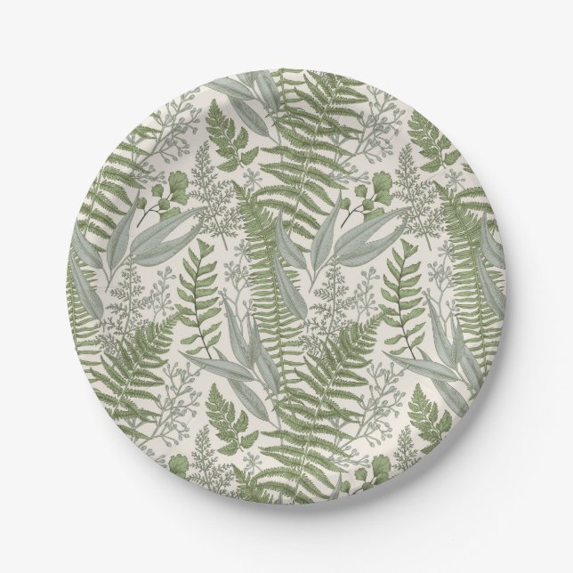 Green Leafy Garden Floral Pattern Paper Plates (Front)