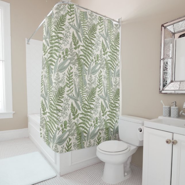 Green Leafy Garden Floral Pattern Shower Curtain (In Situ)