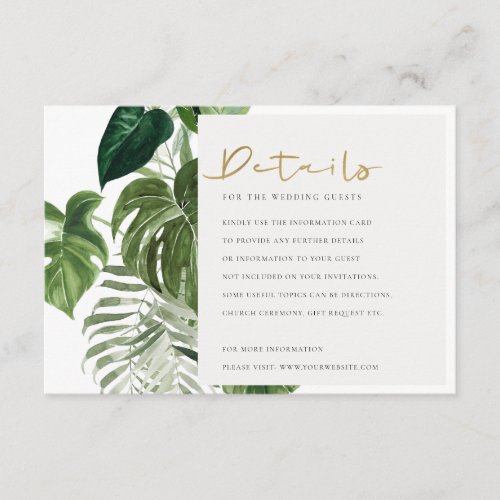Green Leafy Palm Tropical Foliage Wedding Detail Enclosure Card