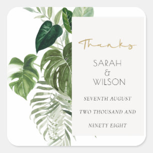 Green Leafy Palm Tropical Foliage Wedding Thanks Square Sticker