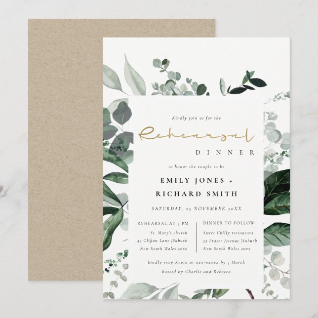 Green Leafy Tropical Fauna Rehearsal Dinner Invite (Front/Back)