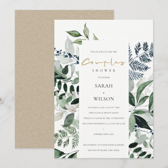 Green Leafy Tropical Foliage Couples Shower Invite (Front/Back)