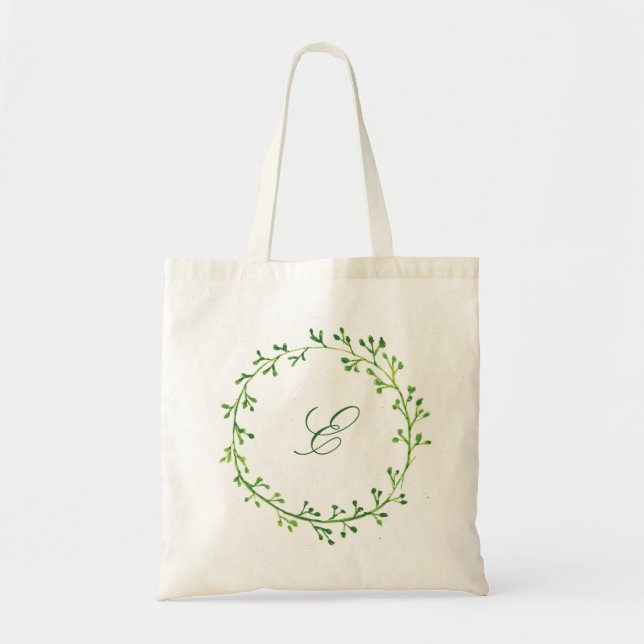 Green Leafy Wreath Monogram Tote Bag (Front)
