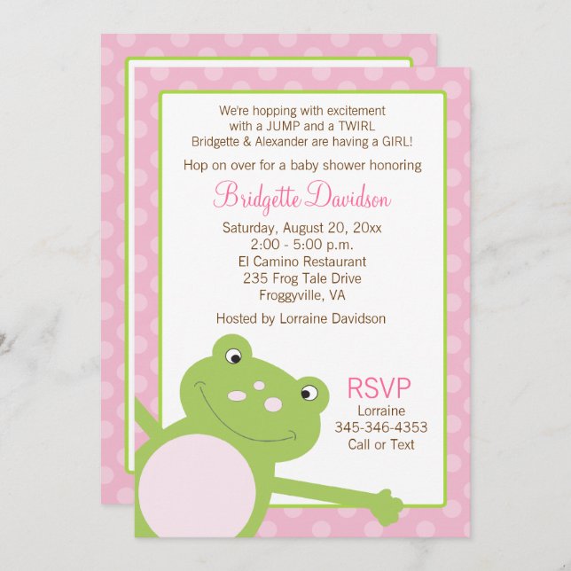 Green Leap Frog Girl Pink Baby Shower Invitation (Front/Back)