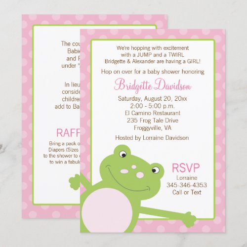 Green Leap Frog Shower Invitation (Pink) 2-sided