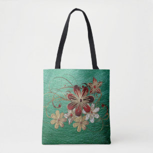 Green Leather And Flowers Tote Bag