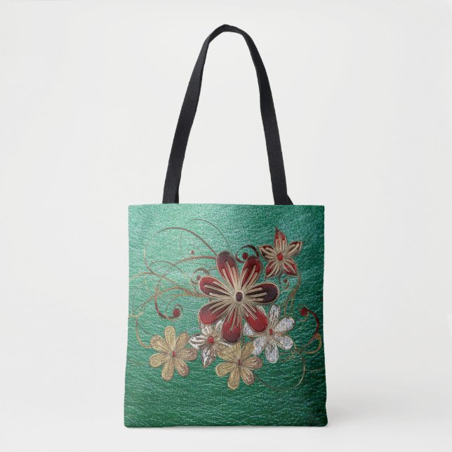 Green Leather And Flowers Tote Bag (Front)