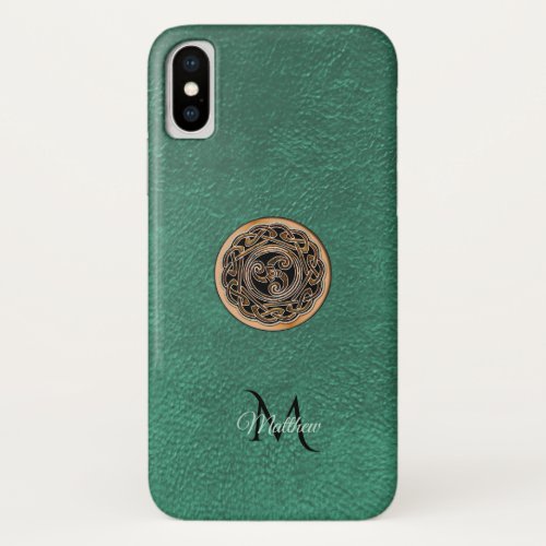 Green Leather Bronze Celtic Triskele Knot Monogram iPhone X Case