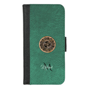 Green Leather Bronze Celtic Triskele Monogram iPhone 8/7 Wallet Case