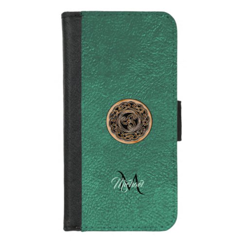 Green Leather Bronze Celtic Triskele Monogram iPhone 87 Wallet Case