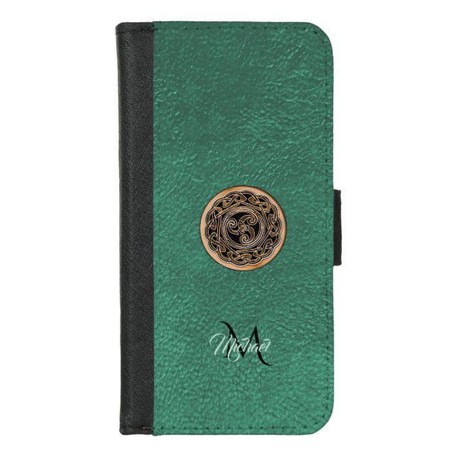Green Leather Bronze Celtic Triskele Monogram iPhone Wallet Case (Front)