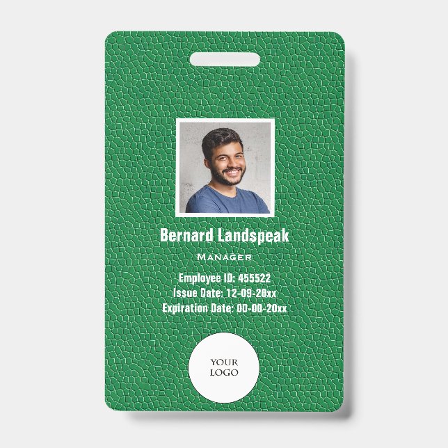 Green Leather & Employee Photo & Logo, Bar code Badge (Front)
