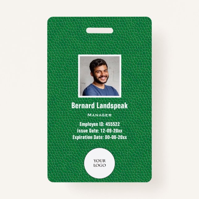 Green Leather & Employee Photo & Logo, Bar code Badge (Front)