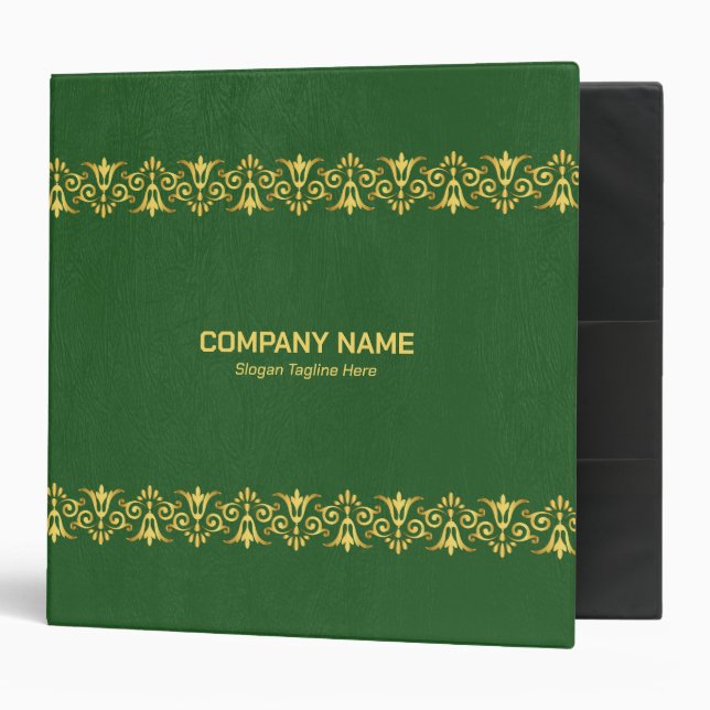 Green Leather Gold border 3 Ring Binder (Front/Inside)