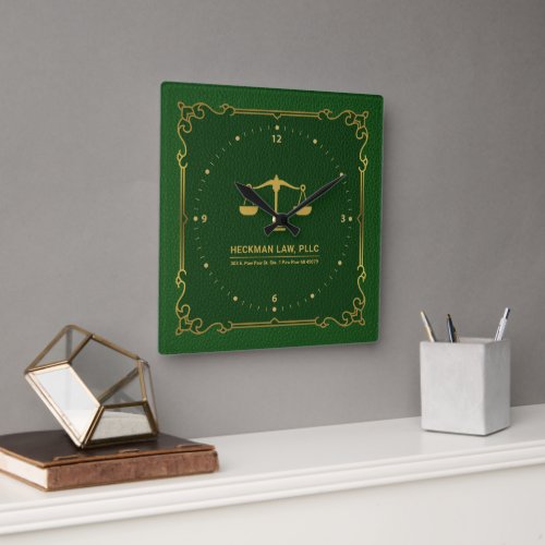 Green Leather Gold Justice Scale Vintage Frame Square Wall Clock