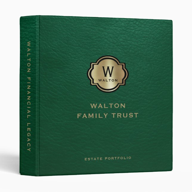 Green Leather Gold Monogram Family Trust Keepsake 3 Ring Binder (Front/Spine)