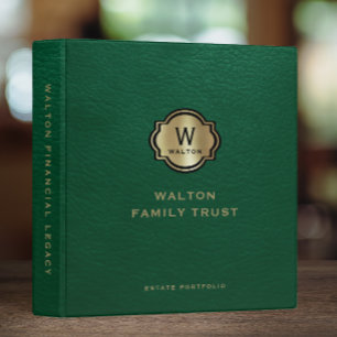 Green Leather Gold Monogram Family Trust Keepsake 3 Ring Binder