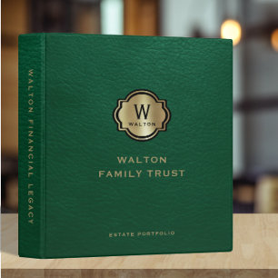 Green Leather Gold Monogram Family Trust Keepsake 3 Ring Binder