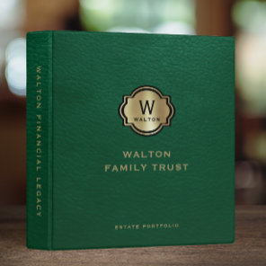 Green Leather Gold Monogram Family Trust Keepsake 3 Ring Binder