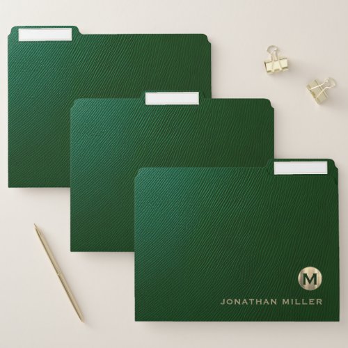 Green Leather Gold Monogram File Folder