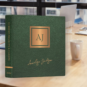 Green leather gold monogram script name elegant 3 ring binder