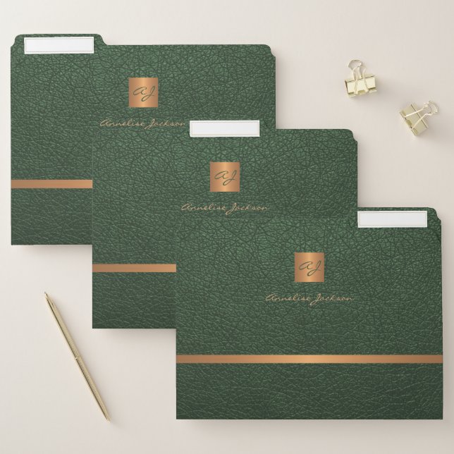 Green leather gold monogrammed modern elegant chic file folder (Set)