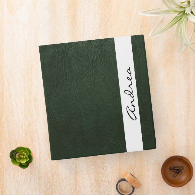 Green Leather, Leather Texture, Your Name 3 Ring Binder (In Situ)
