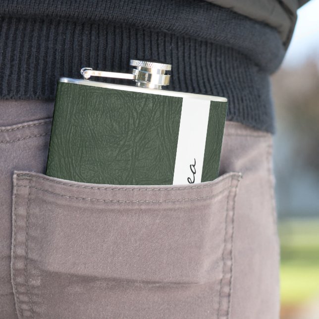 Green Leather, Leather Texture, Your Name Hip Flask (In Situ)