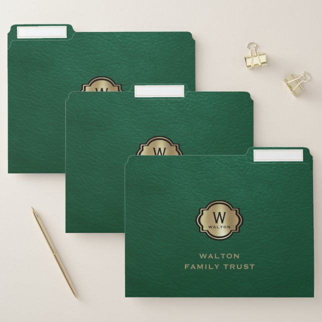 Green Leather Look Gold Monogram Keepsake File Folder (Set)