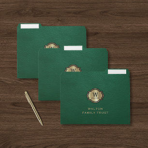 Green Leather Look Gold Monogram Keepsake File Folder
