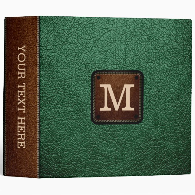 Green Leather Look Monogram 3 Ring Binder (Front/Spine)